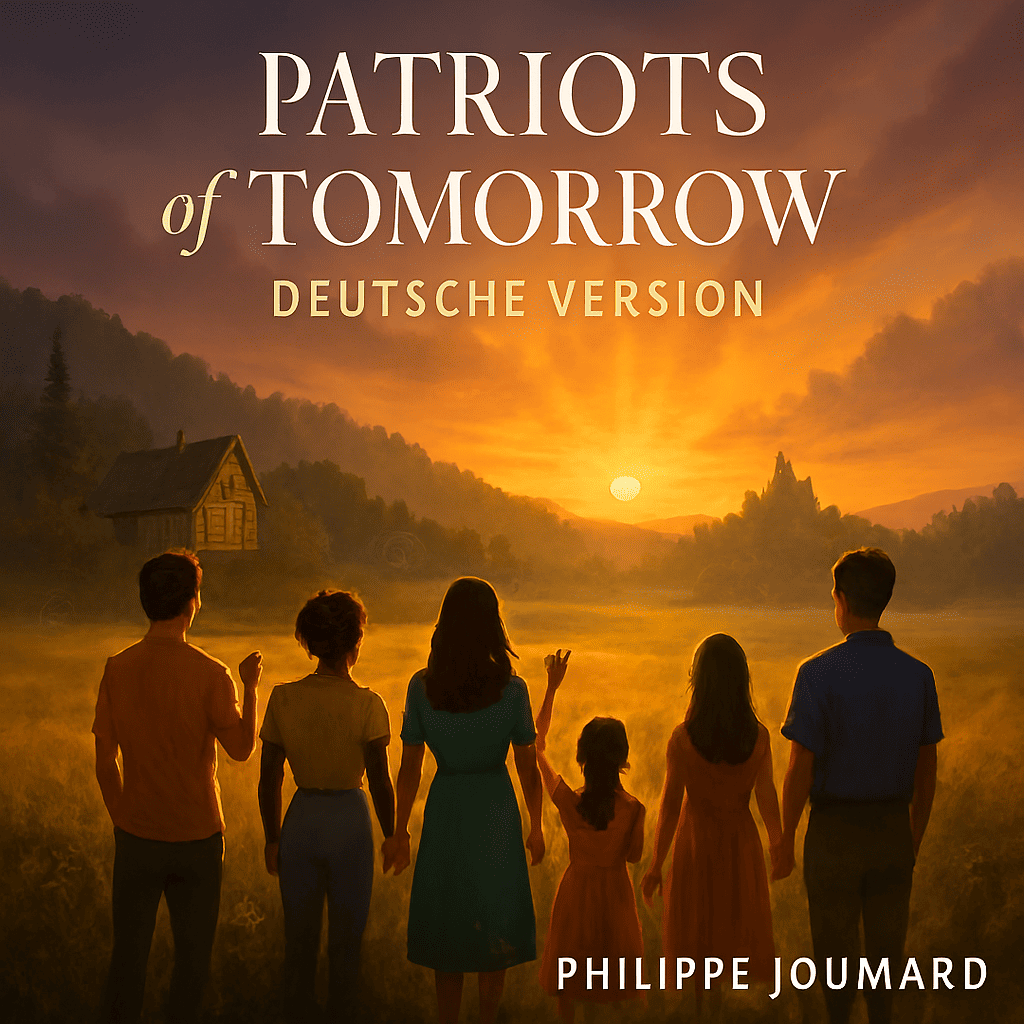 Offizielles Cover von Patriots of Tomorrow - Deutsche Version: Ein Puzzle-Globus mit vereinten menschlichen Silhouetten unter einer aufgehenden Sonne
