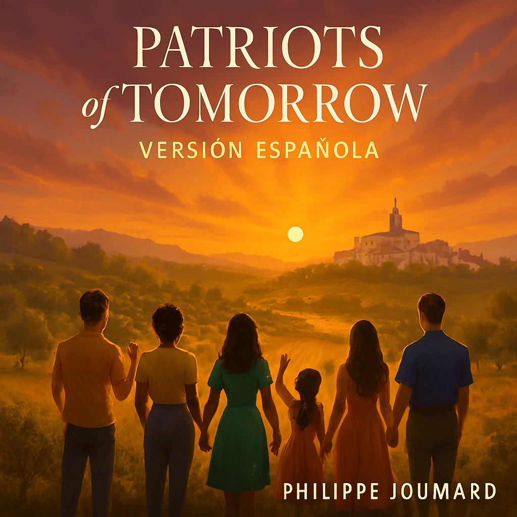 Portada oficial de Patriots of Tomorrow - Versión Española: Un globo terraqueo como puzzle con siluetas humanas unidas bajo un sol radiante