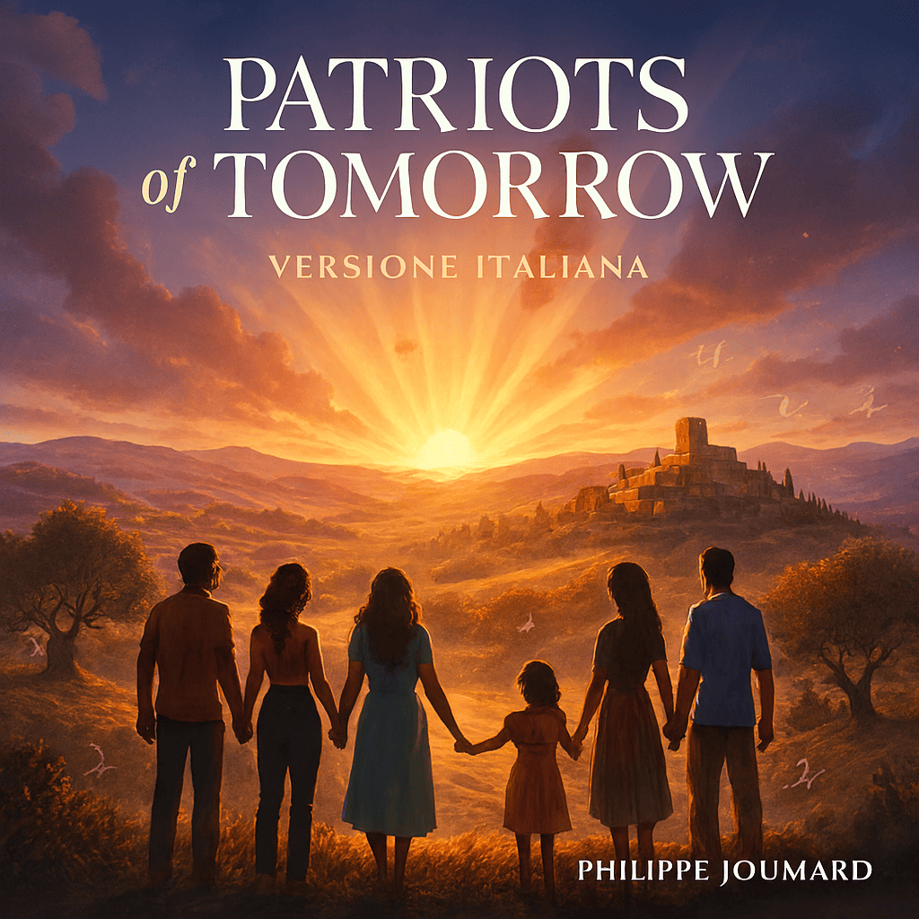Copertina ufficiale di Patriots of Tomorrow - Versione Italiana: un globo a puzzle con sagome umane unite sotto un sole nascente