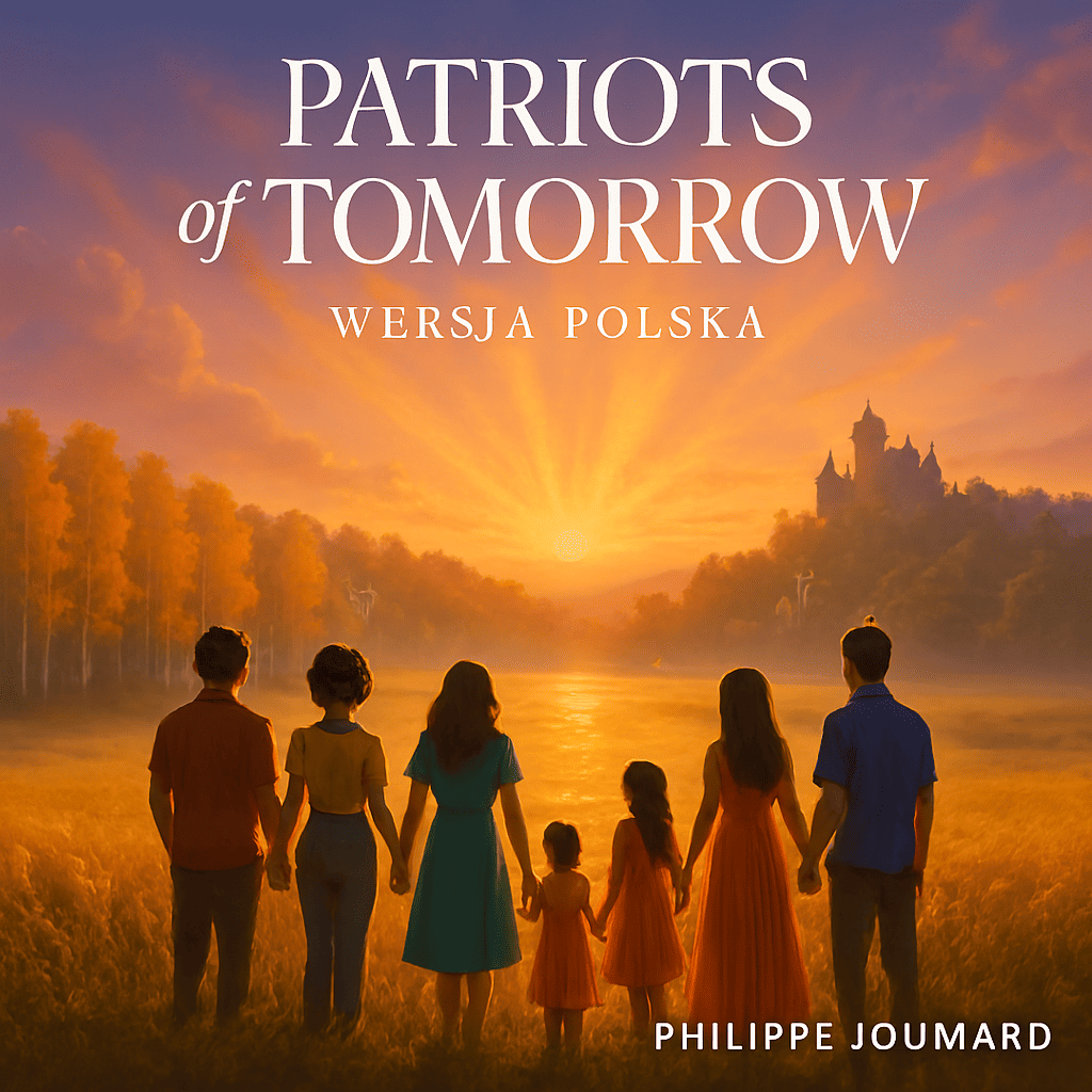 Oficjalna okładka Patriots of Tomorrow - Wersja Polska: globus-puzzle z zjednoczonymi sylwetkami pod wschodzącym słońcem