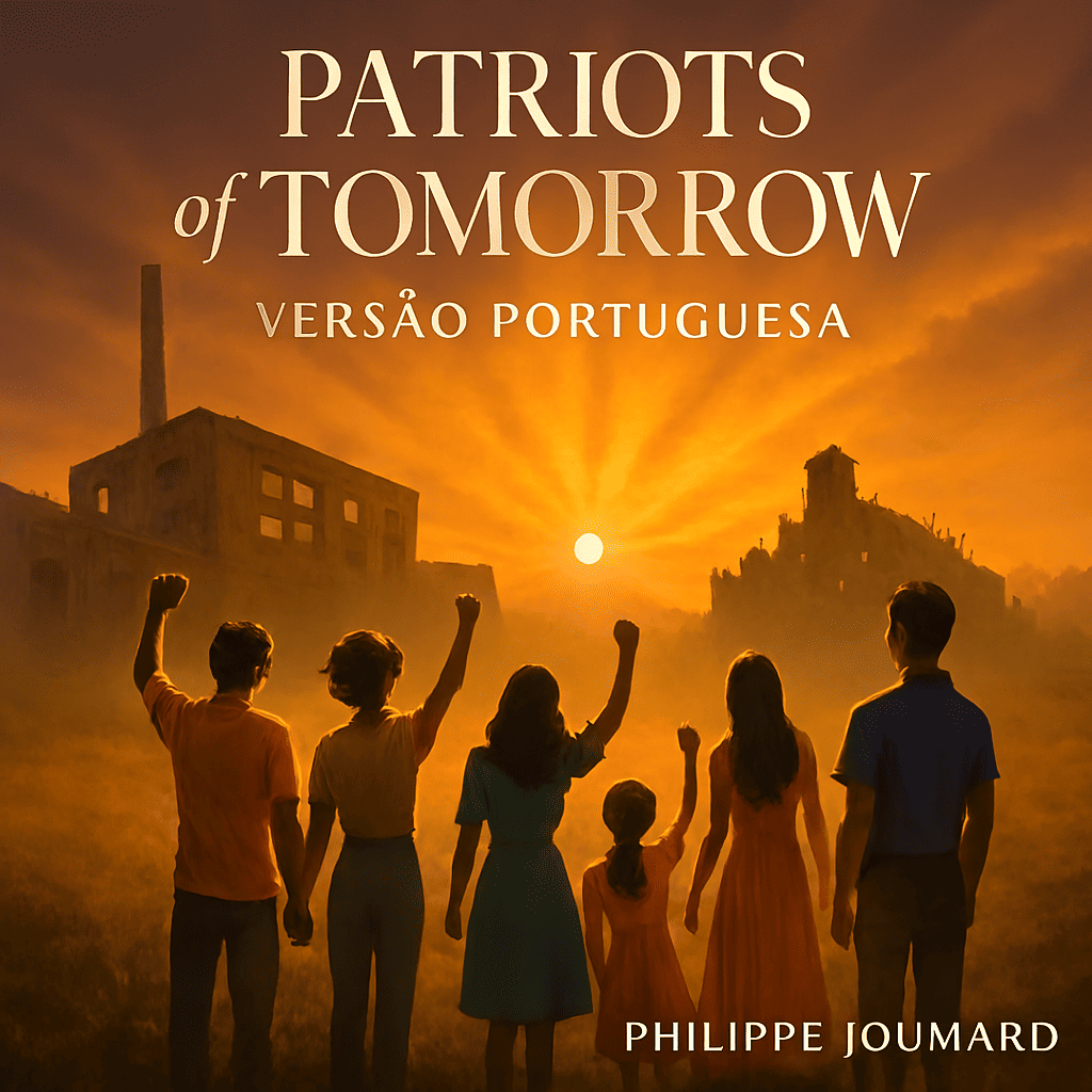 Capa oficial de Patriots of Tomorrow - Versão Portuguesa: um globo quebra-cabeça com silhuetas humanas unidas sob um sol nascente