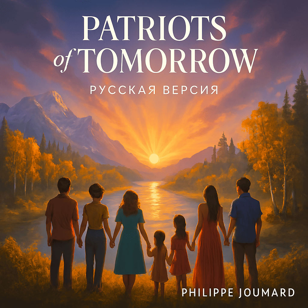 Официальная обложка Patriots of Tomorrow - Русская версия: глобус-пазл с объединёнными силуэтами под восходящим солнцем