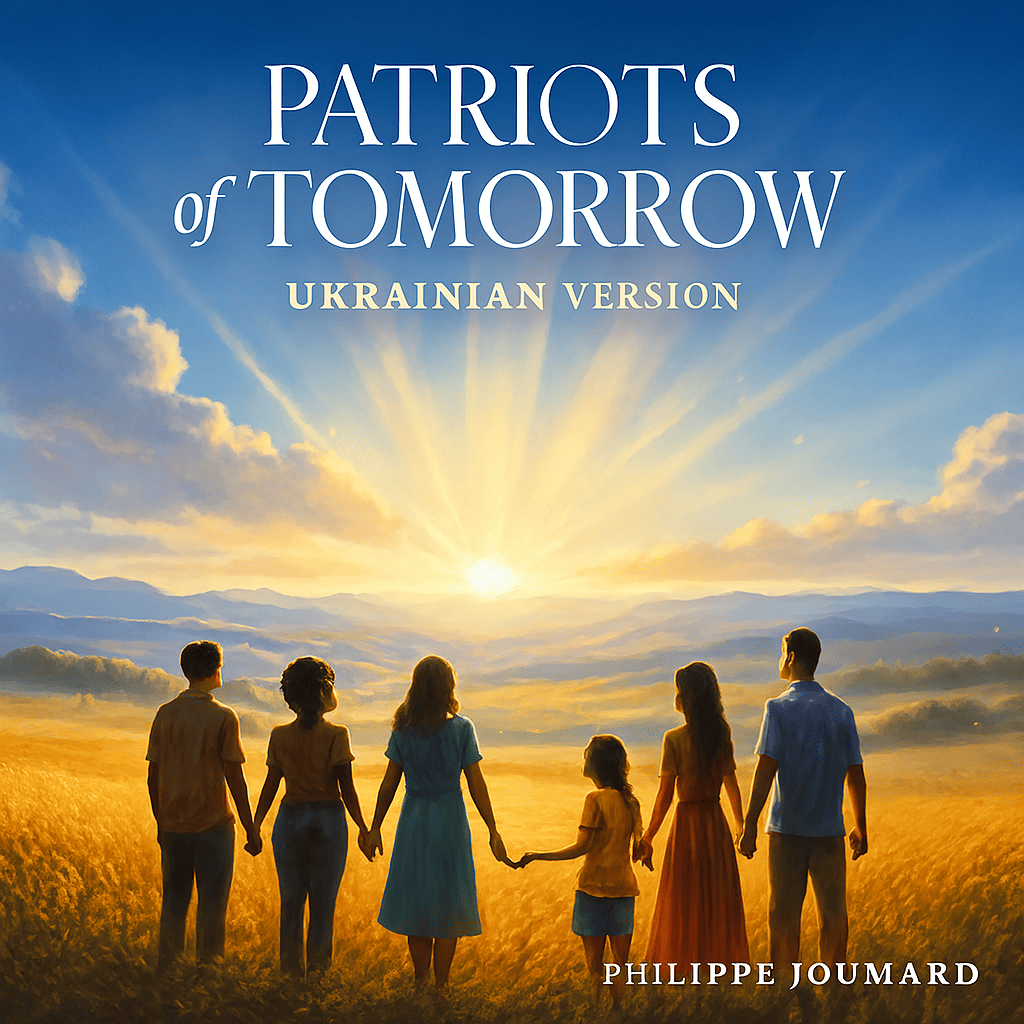 Офіційна обкладинка Patriots of Tomorrow - Українська версія: глобус-пазл з об'єднаними силуетами під сонцем, що сходить