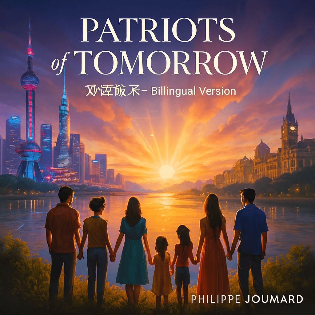Official cover of Patriots of Tomorrow - English/Chinese Bilingual Version: puzzle globe with united silhouettes under a rising sun / 《Patriots of Tomorrow》英文/中文双语版官方封面：拼图地球与太阳下联合的剪影